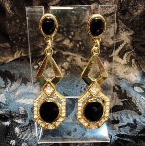 Designer Runway Avon Stunning Black Enamel and Gold Tone Dangle Earrings